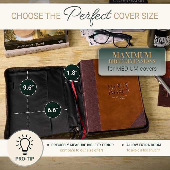Christian Art Gifts Classic Premium Vegan Leather Inspirational Bible Cover for Men & Women: Faith Moves Mountains Encouraging Bible Verse, Easy Carry Zippered Case, Pen Loops, Pockets, Brown, Medium