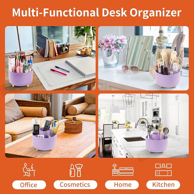 Desk Pencil Pen Holder, 5 Slots 360°Degree Rotating Pen Organizers for Desk, Desktop Storage Stationery Supplies Organizer, Cute Pencil Cup Pot for Office, School, Home, Art Supply, Purple