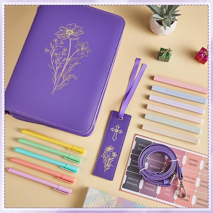 19PCS Floral Purple Leather Bible Cover for Women Bible Cover Cases for Teen Girls Christmas Gift Christian Church Carrying Bag Journaling Kit with Shoulder Strap Highlighter Pens & Book Marker