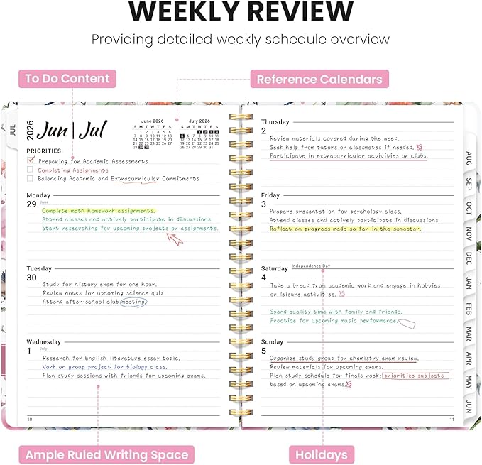 Planner 2026-2027, Monthly and Weekly Academic Planner July 2026 - June 2027, Hardcover Student Teacher Planning Agenda Calendar Book with Tabs, Perfect for Office School Supplies, A5 (6.3" x 8.5") - Songbird Bloom