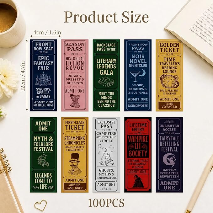 Vintage Bookmarks Bulk Gifts - 100 Pcs Book Club Ticket Paper Bookmark for Women Girls Students Fantasy Horror Page Marks School Reading Accessories Bookish Merch Gift for Birthday Graduation