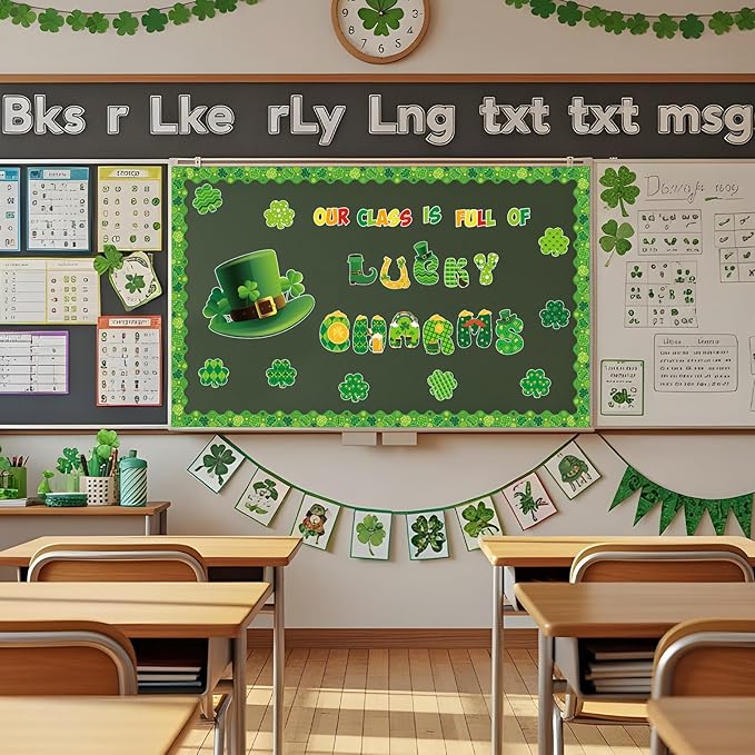 St.Patricks Day Bulletin Board Decorations Set Lucky Shamrock Borders Cutouts Our Class is Full of Lucky Charms Bulletin Board Borders for Green Irish Holiday School Home Chalkboard Wall Door Decor