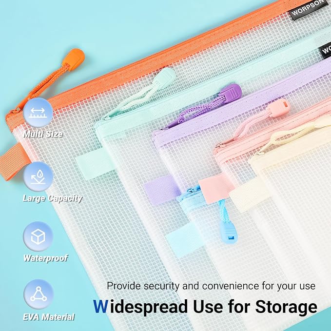 EVA Frosted Mesh Zipper Pouch Bags,18 Pcs 6 Sizes Plastic Bags, 6 Colors Waterproof Pouches, for Travel, School Supplies, Office and Home Organization (18 pcs, Multicolor)