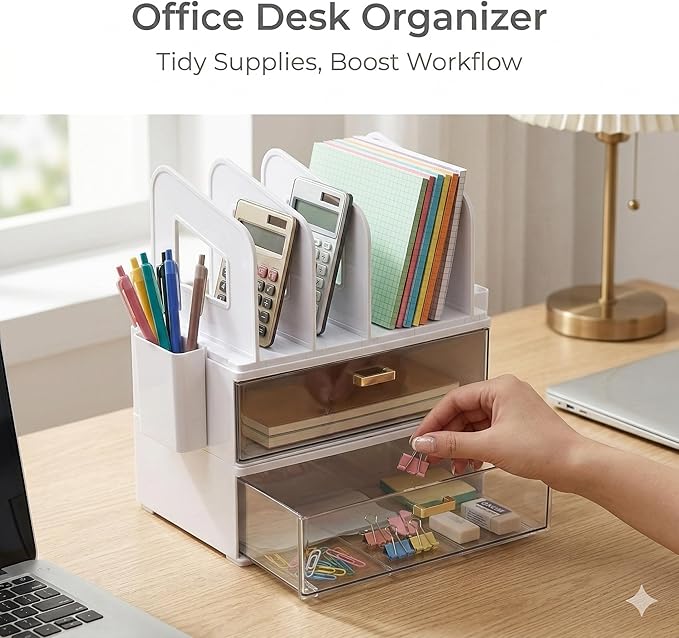 CiWiVOKi White Desk Organizer with 4 File Holder Slots, 2 Clear Drawers & Dual Pen Holders, Sturdy Multi-Functional Desktop Storage for Home Office, Mail Sorter & Caddy