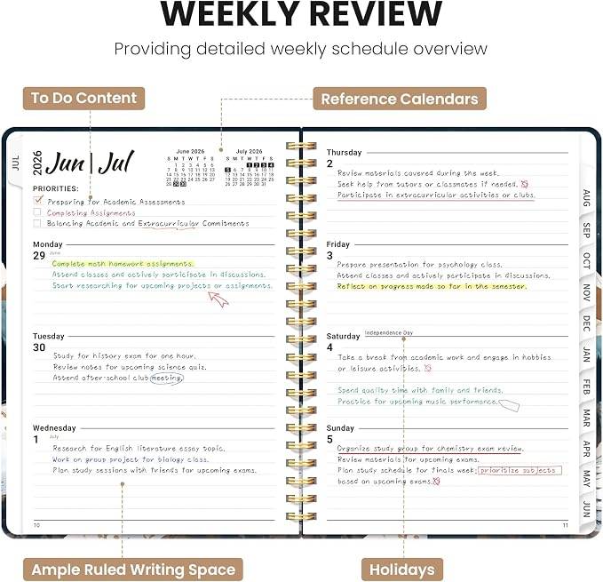 Planner 2026–2027, Academic Planner Weekly and Monthly Calendar Jul 2026 – Jun 2027 Hardcover Planner with Tabs and Pocket, Spiral Bound Agenda Book for Student & Teacher, 6.3" x 8.5", Moonlit Wilderness