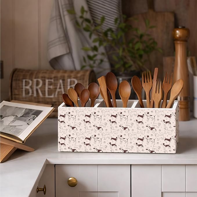 Cute Dog Pattern 3-Compartment Desk Organizer, Wooden Pencil Holder for Pens, Pencils, Scissors & Rulers, Fun Dog Design for Home, Kids, Office