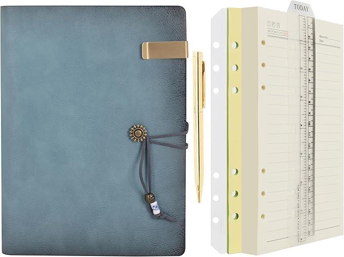 WONDERPOOL Leather Journal Lined Paper Notebook & Pen - Refillable 6 Ring Binder Writing Spiral Diary with Ruled Notepads Vintage Cover for Office Travel Work and Plan Agenda (A5, a-Cyan)