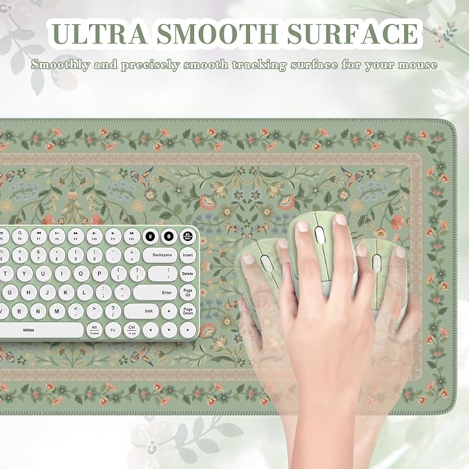 iCasso Aesthetic Floral Desk Mat, L Mouse Pads, Anti-Slip Mousepad with Stitched Edges, Waterproof Computer Pad 11.8"x31.5", Desk Accessories Office Decor for Women(Light Green)