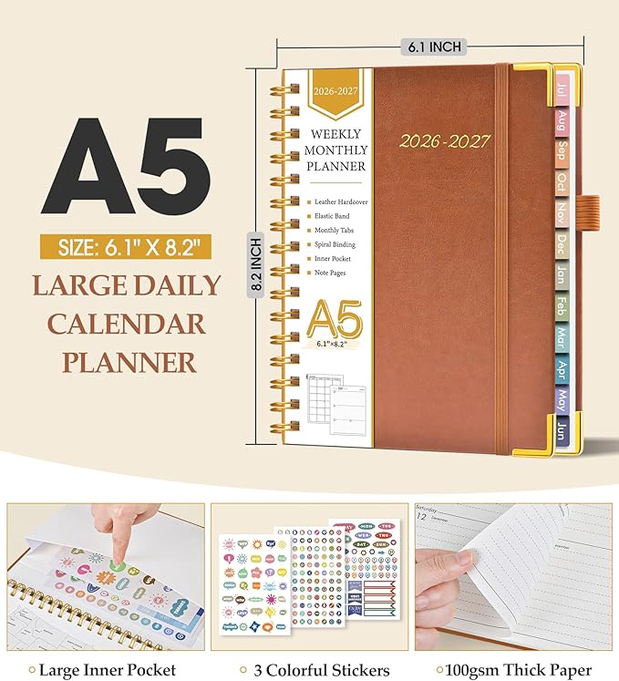 Academic Planner 2026-2027, Hardcover Leather Weekly and Monthly Calendar Planner from July 2026 - June 2027, A5 6.1" x 8.2" Daily Agenda with Tabs, College School Organizer for Student Teacher, Brown