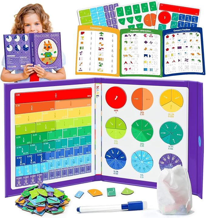 Magnetic Fraction Educational Puzzle STEM Toys Fraction Tiles and Fraction Circles Book Fraction Manipulatives for Elementary School Math Learning Toys Birthday for Kids