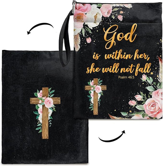 Christian Bible Verse Book Cover, Waterproof Book Sleeve with Zippered Front Pocket Retro Flowers Book Pouch for Book Lovers, Christmas, Birthday, Graduation Gifts (Black-GOD, Large)