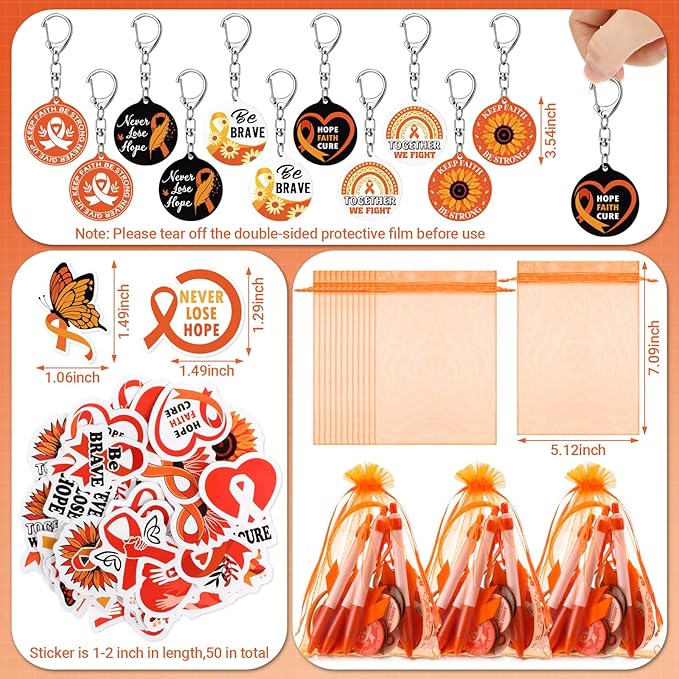 122 Pcs Ribbons Awareness Accessories Includes Ribbons Bracelets Stickers Pins Pens Keychain for School Charity Fundraiser Public Activities Supplies(Orange Ribbon,Orange)