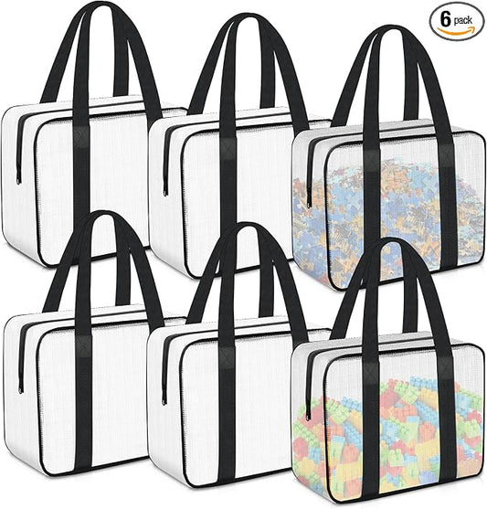6PCS Large Toy Storage Bags, Clear Foldable Toy Organizer Bags with Zipper, Portable Travel Organizer Bags for Puzzles, Books, Art Supplies