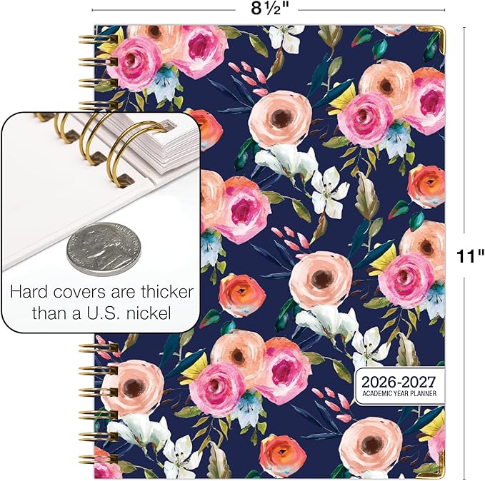 HARDCOVER Academic Year 2026-2027 Planner: 14 Months (May 2026 Through June 2027) 8.5"x 11" Daily Weekly Monthly Planner Yearly Agenda. Bookmark, Pocket Folder and Sticky Note Set (Small Navy Floral)
