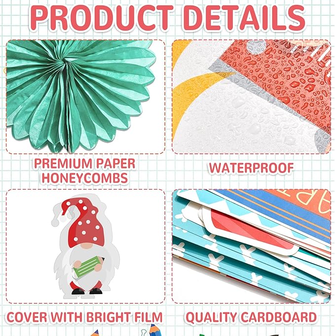 Back to School Gnomes Bulletin Board Decorations Set with 3D Tissue Paper Flower Paper Fan Reading My Gnomies Classroom Bulletin Board Border Gnomes Books Cutouts for Library Home Chalkboard Supplies