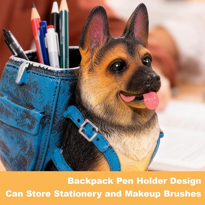 Upriver German Shepherd Pen Holder for Desk, Cute Dog Resin Pencil Holder Pen Cup, Unique Desk Decor Accessories for Home Office School, Gifts for Dog Lovers