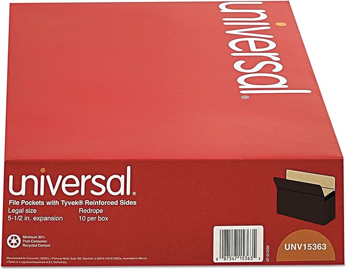 Universal 15363 5 1/4 Inch Expansion File Pockets, Straight, Legal, Redrope/Manila, 10/Box