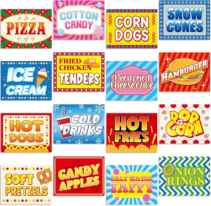 Yeaqee 16 Pieces Carnival Food Signs Cutouts for Classroom Carnival Party Bulletin Board Decor Food Truck Signs Corn Dogs Snow Cones Cotton Candy