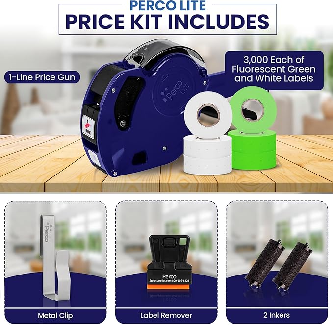 Perco Lite 1 Line Price Gun with Labels Kit - Includes 3 White Rolls, 1 Gun Clip, 3 Fluorescent Green Rolls, 2 Ink Rollers, 1 Ink roll and Labels Pre-Loaded