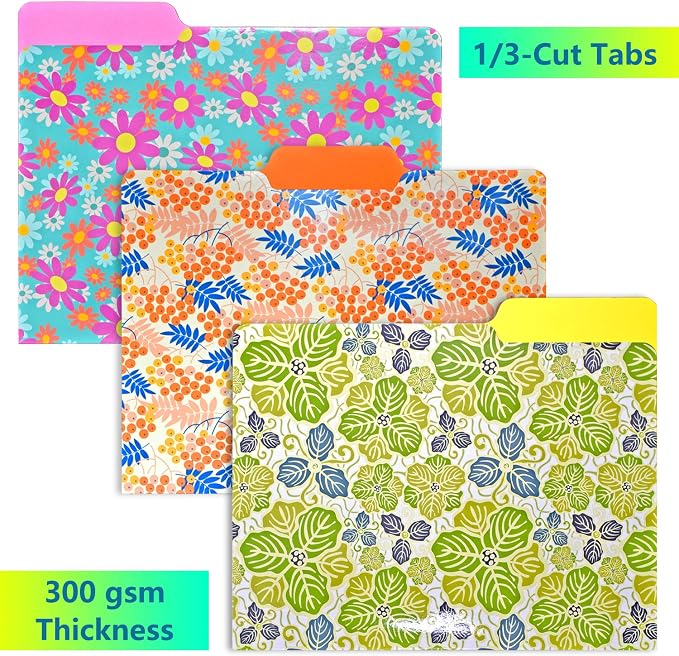 WOT I Decorative File Folders 12Packs, Colored File folders with 6 Cute Floral Design and 6 Solid Vibrant Colors, Two-Tone File Folders Letter Size, 1/3-Cut Tabs, 300gsm
