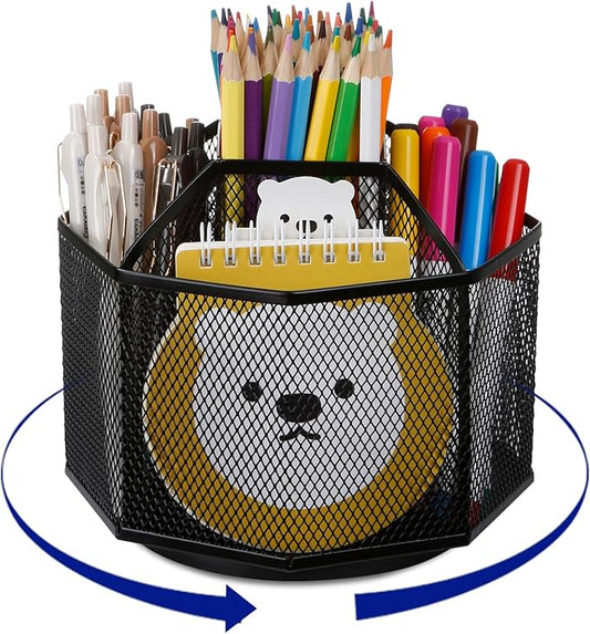 Comix 360° Rotating Pen Holder for Desk, 5 Compartments Office Desk Organizer, Black Mesh Metal Pencil Holder Cup for Office Home School