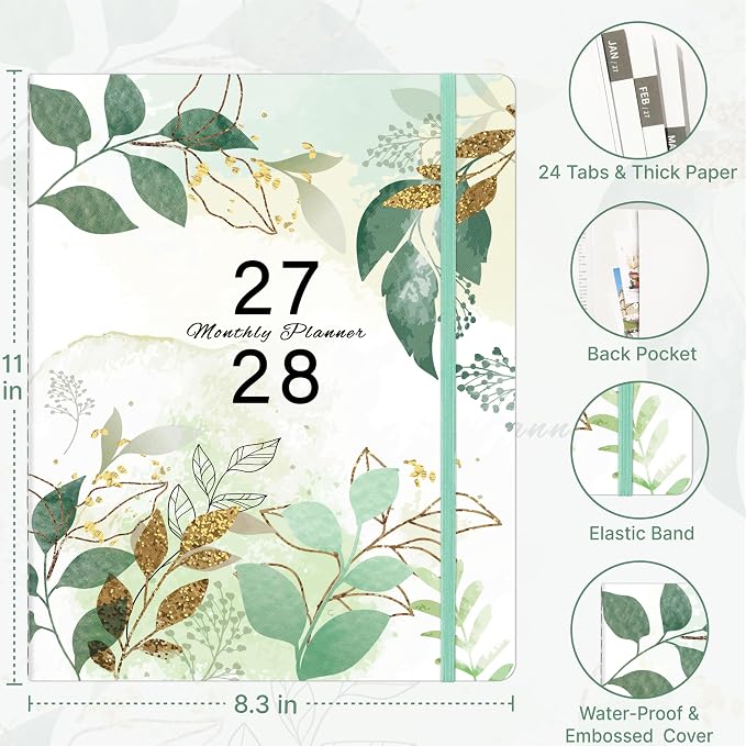 2027-2028 Monthly Planner, 2 Year Calendar Planner, Jan 2027 - Dec 2028, 8.3'' x 11'', 24 Months, Embossed Cover, with Printed Tabs ＆Pocket, Elastic Closure, Organizer for Office Home School, Green