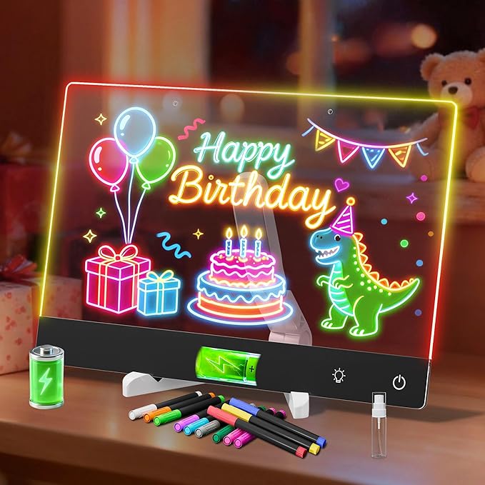 Rechargeable Lumi LED Drawing Board with 12 Markers,13.7"x10"LED Note Board Acrylic Dry Erase Board with 7 Colors Light, Doodle Glow Message Board for Halloween Christmas Birthday Gifts(Black)