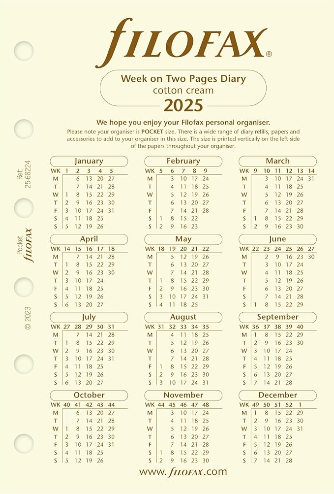 Filofax Calendar Diary Refill, Pocket Size, Week-to-View, Cotton Cream Paper, Unruled, English, 2025 (C68224-25)