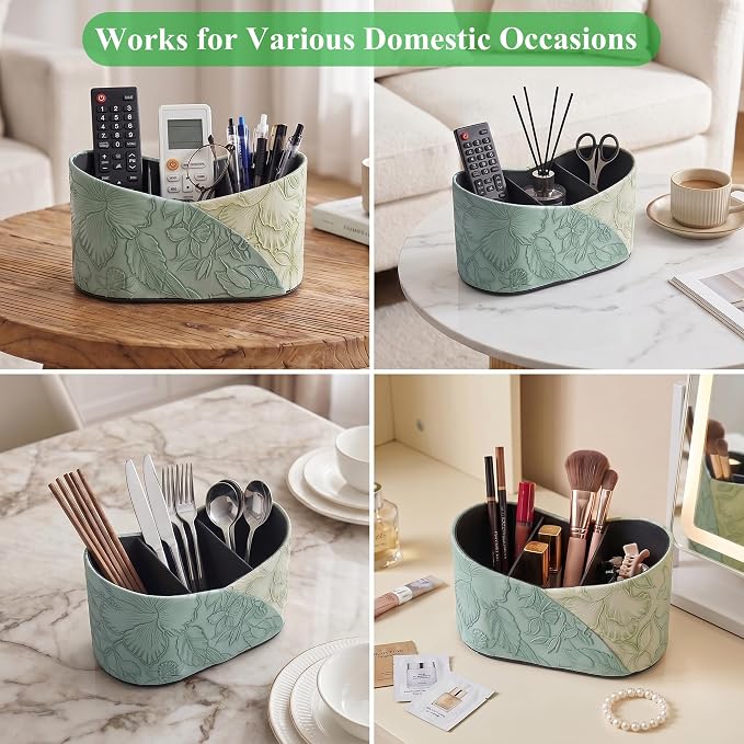 Two Leaves Shaped Leather Art Supply Organizer,Remote Control Holder,Multi-Functional Pencil Holder,3 Compartments Desktop Stationary Organizer(1-Green)