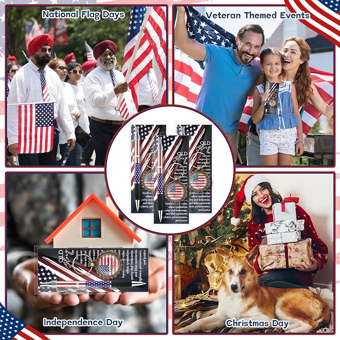 Sayglossy 24 Sets 4th of July Gifts Bulk American Patriotic Flag Ballpoint Pens Inspirational Keychains and Bookmarks for 250th Anniversary Independence Day Party Supplies