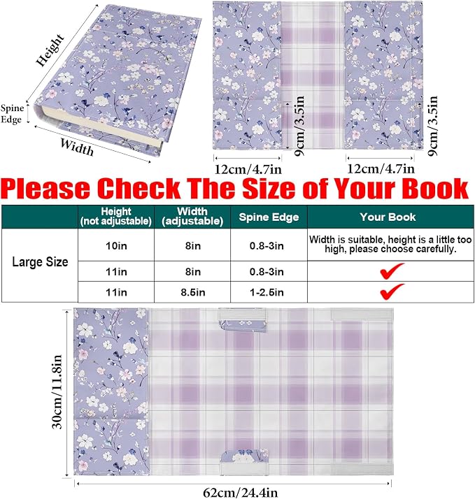Book Cover Protector for Paperback,Adjustable Soft Canvas Fabric Book Cover with Pocket Bookmark,Double Side Print Book Dust Jacket Covers for Hardcover Book Lovers Gift Floral Purple L