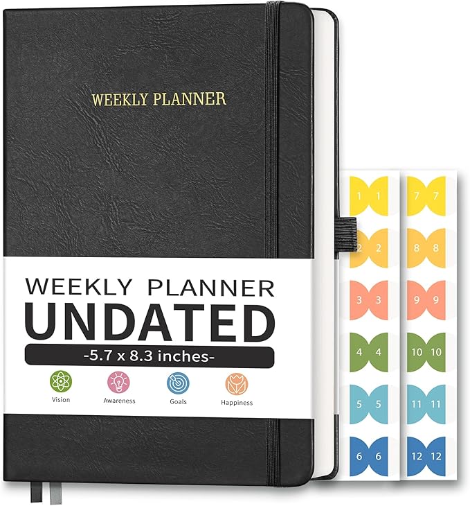 Undated Appointment Book, Hourly, Daily, 52 Weekly & 12 Monthly Planner, 6 AM - 8 PM, Medium Size (5.7" x 8.3"), Leather Hardcover, 12 Self-adhesive Monthly Tabs (Black)