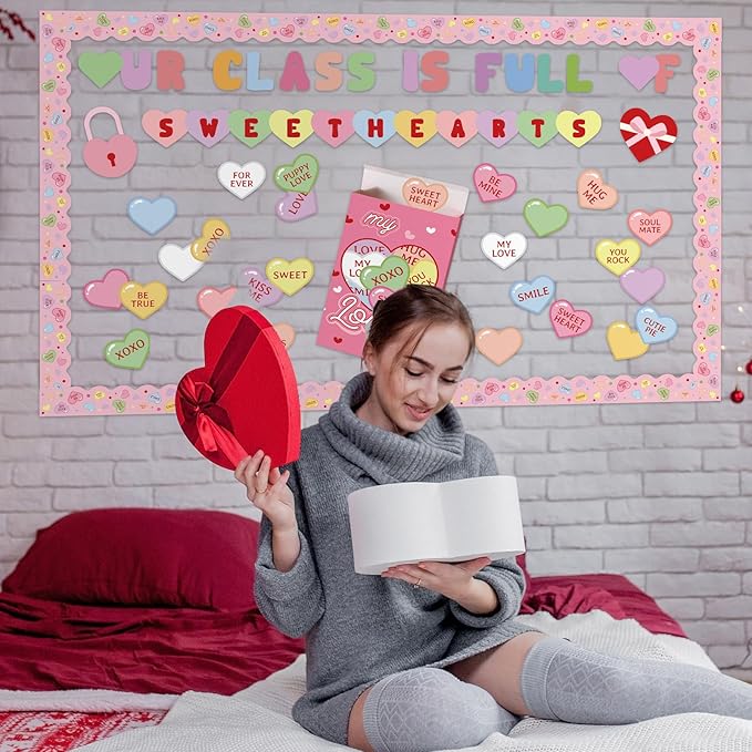 Gueevin 100 Pcs Valentine's Day Bulletin Board Set 3D Sweetheart Box with Conversation Heart Stickers Decorations Our Class Full of Sweethearts Cutouts for Valentine's Office School Classroom Decor