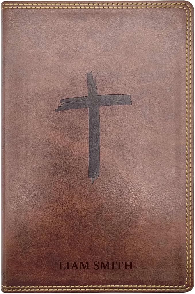 Custom Personalized Brown NKJV Kids Holy Bible | Medium Text | Engraved Name On Cross Emblem Faux Leather Cover | New King James Version