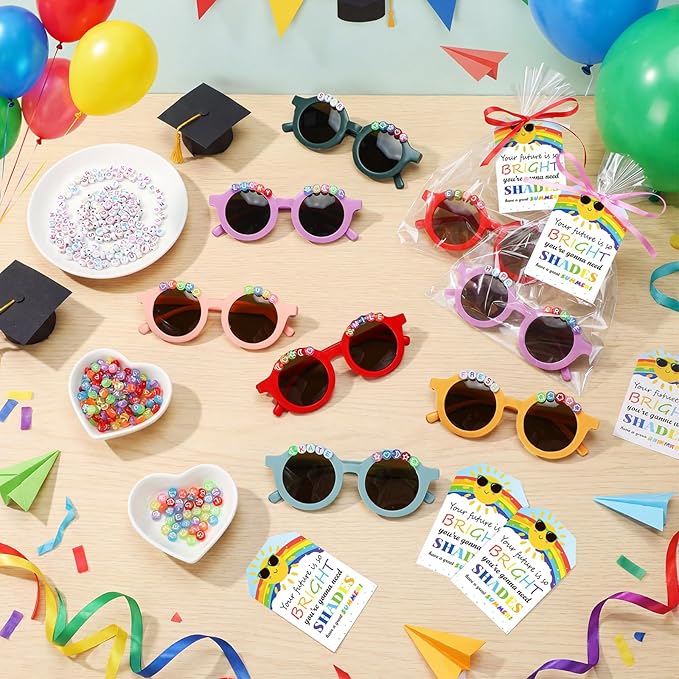 Kanayu 24 Sets End of Year DIY Sunglasses Kit for Class Souvenirs Gifts, Graduation Party Decorations with Beads, Encouraging Cards and Gift Bags DIY Name Sunglasses Students Graduation Return Gift