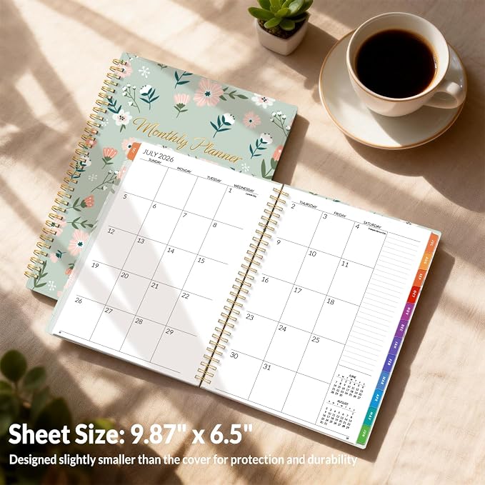 SUNEE Monthly Planner 2026-2027 - 18 Months Calendar Planner from Jul 2026 to Dec 2027, 7"x10" Yearly Planner with Tabs, Spiral Binding, Organizer for School Office Home, Green Wildflowers