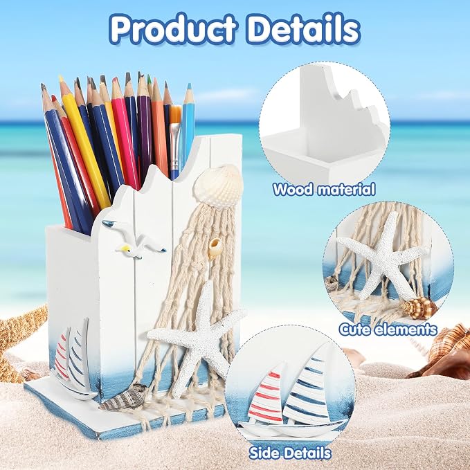 ARTIBETTER 1pcs Wooden Pen Holder Pen Container Organizer Nautical Desk Decoration Makeup Brush Holder for Home Office (White)
