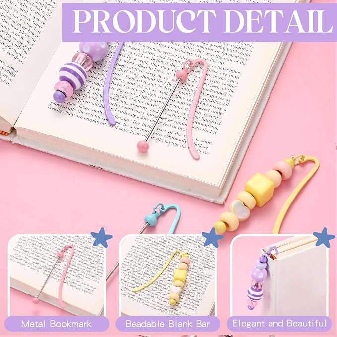 Dunzoom 20 Pcs Beadable Bookmarks DIY Metal Blank Bar Bookmark for Beads Modern Bead Craft Jewelry Pendant Charm Gift for Book Lovers Student Teacher Office Supplies (Multi Color)