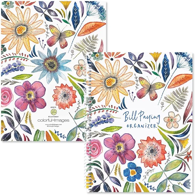 Current Embroidered Florals Bill Paying Organizer Book-9" x 12” Personal Account Book,Spiral Bound,14 Storage Pockets,32 Label Stickers, Monthly Finance & Payment Management Tracker for Home & Office
