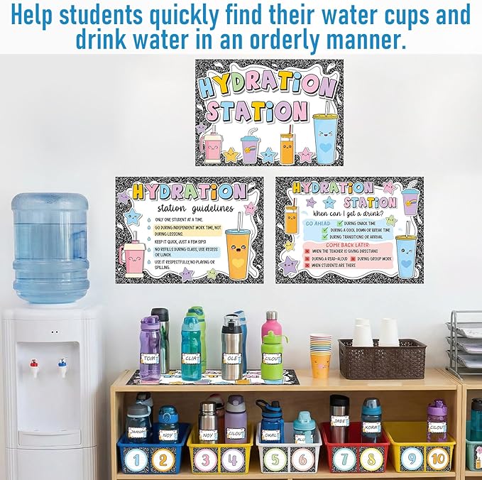 Frienda 67 Pcs Classroom Water Station Decor Set, Hydration Station Posters with Name and Number Stickers, Self-Adhesive Cup Organization Kit for Preschool Elementary School, Back to School Supplies