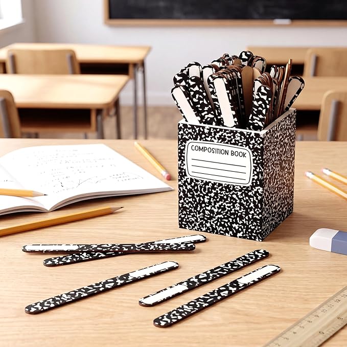 Gueevin 121 Pcs Composition Book Flip Name Sticks with Composition Book Storage Cup Classroom Talking Flip Sticks Teacher Student Management Grouping Tool for Educational Learning Classroom Supplies