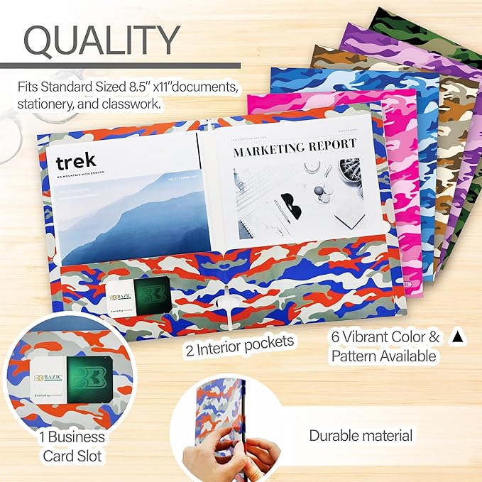 BAZIC Products 2 Pocket Paper Folder, Letter Size Document Organizer for School, Office, Business Use, Camouflage Design Portfolio Folder for Homework, Reports & Forms, Assorted Colors, 48-Pack