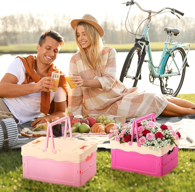 2 Pcs Pastel Plastic Collapsible Storage Crates with Lids and Handle Collapsible Picnic Basket Stackable Storage Bins Cute Foldable Container for Home Kitchen Office Bathroom(Pink,Hot Pink)