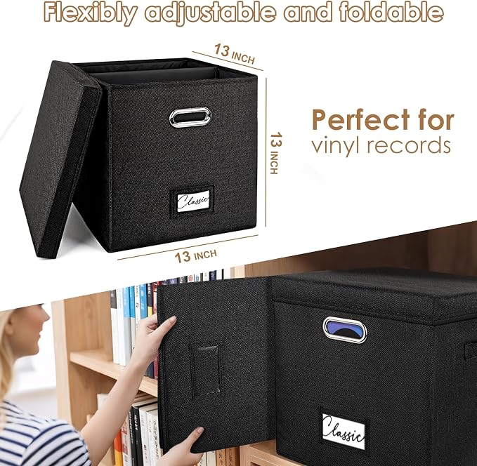 Vinyl Record Storage Box for 50+ Single LPs (12-Inch), Stackable Albums Linen Crate with Lid, Collapsible Play Music Collection Holder, Document File Folder Cabinet Organizer Case with Handle