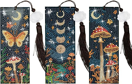 Anseal 3Pcs Mushroom Diamond Art Bookmarks DIY Leather Tassel Bookmark for Adult Christmas New Year Graduation Birthday Gifts