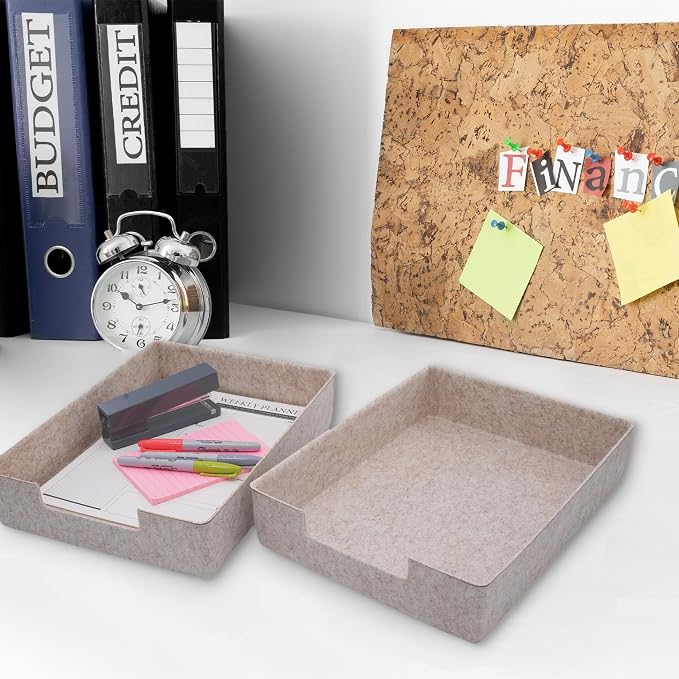 WELAXY 2-piece Stackable Desk Drawer Organizer Trays Felt Storage Bins Document File Papers Magazines Organizing Box Soft Sturdy Office Supplies (Oatmeal)
