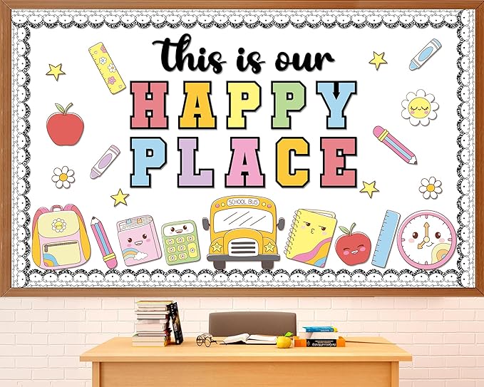 Composition Notebook Bulletin Board This is Our Happy Place Classroom Decor Welcome Back to School Party Decoration Notebook Book Bag Pencils Cutouts for First Day of School Craft Classroom Wall Decor