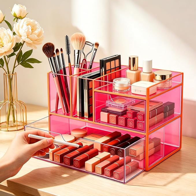 Desk Organizer with Drawers Acrylic Desktop Organizer Pen Holder Caddy for Office Supplies Makeup Organizer for Vanity, Neon Pink