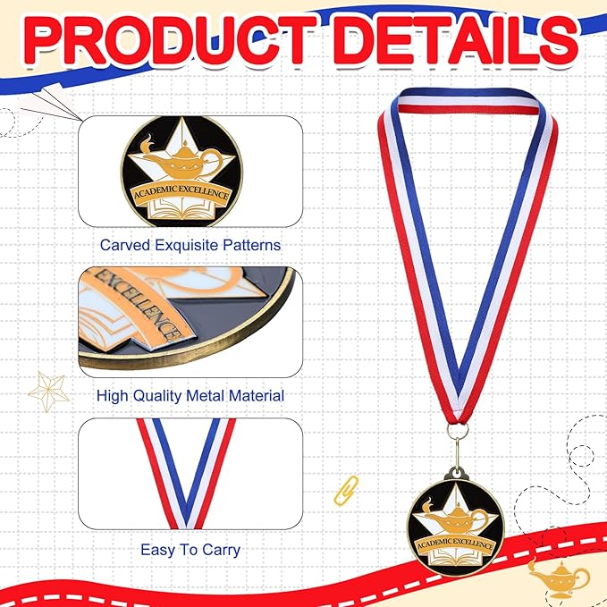 Cunno 20 Pcs Academic Excellence Medals Bulk 2'' Academic Award Medals with Neck Ribbon Trophy Prizes Winner Gift for School Classroom Students Teaching Competitions Supplies