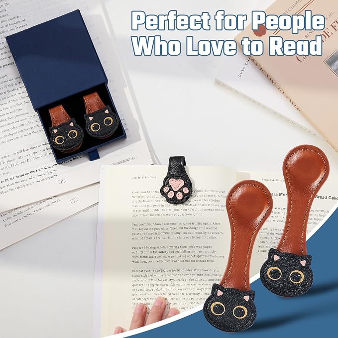 2Pcs Magnetic Leather Bookmarks with Gift Box Magnetic Pen Holder Book Marks Clip Gift for Book Lover Readers Men Women Teachers Students, Cat (Brown+Brown)